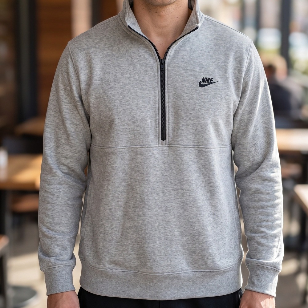 Nike Sportswear Club Fleece Quarter Zip Pullover Heather Grey Black Logo XL